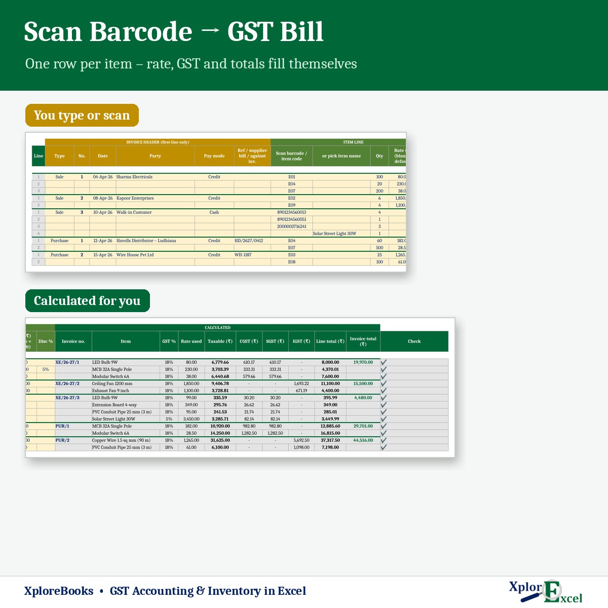 GST invoice register in Excel with barcode scanning and automatic CGST SGST IGST