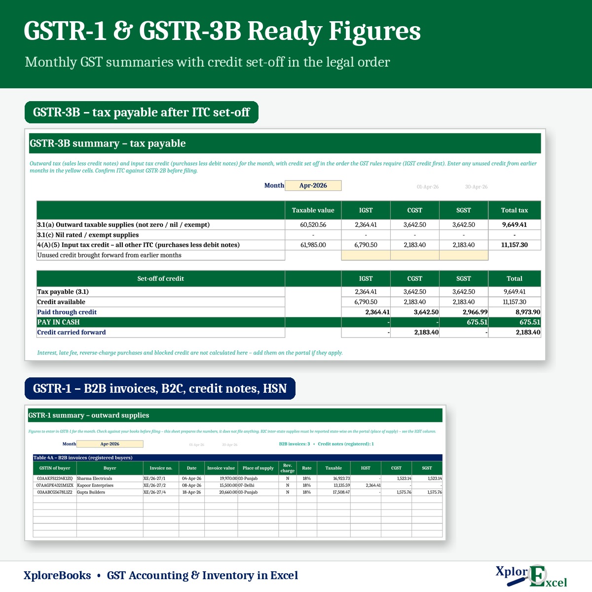 GSTR-3B and GSTR-1 summary in Excel with input tax credit set-off