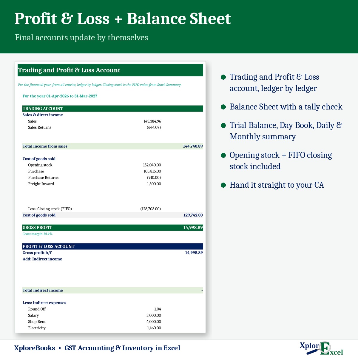 Trading Profit and Loss account and Balance Sheet in Excel