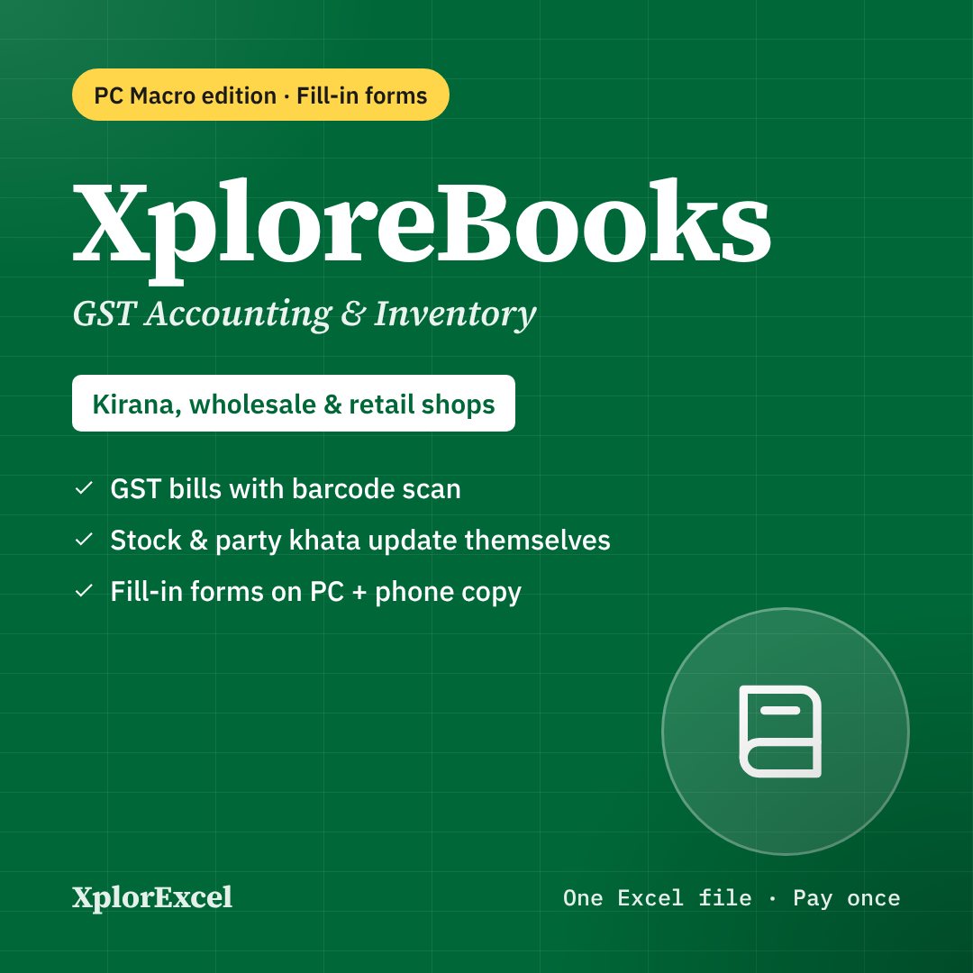 XploreBooks PC Macro Edition – GST Accounting & Inventory in Excel with Entry Forms & One-click New Year