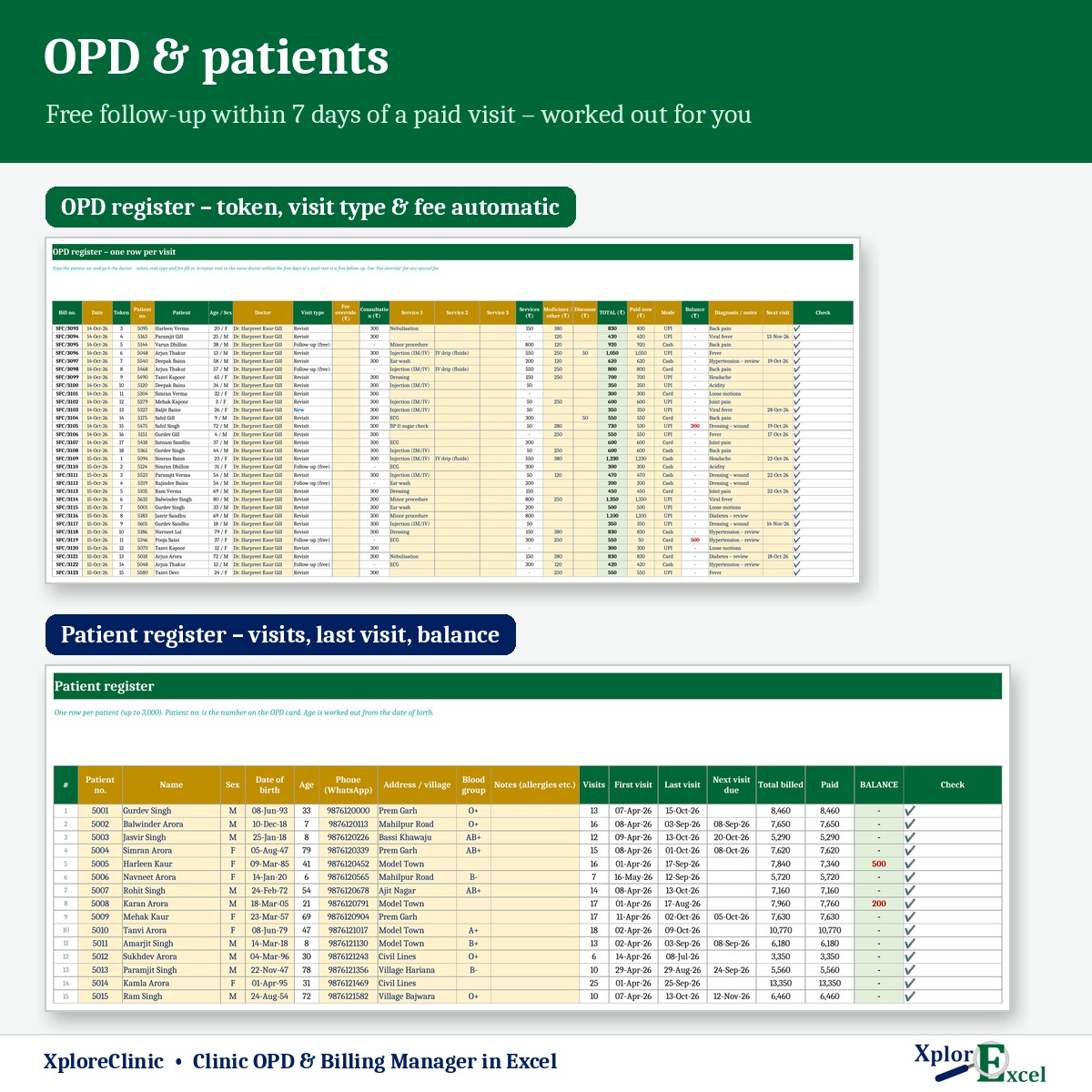 OPD register and patient register in Excel with token and free follow-up