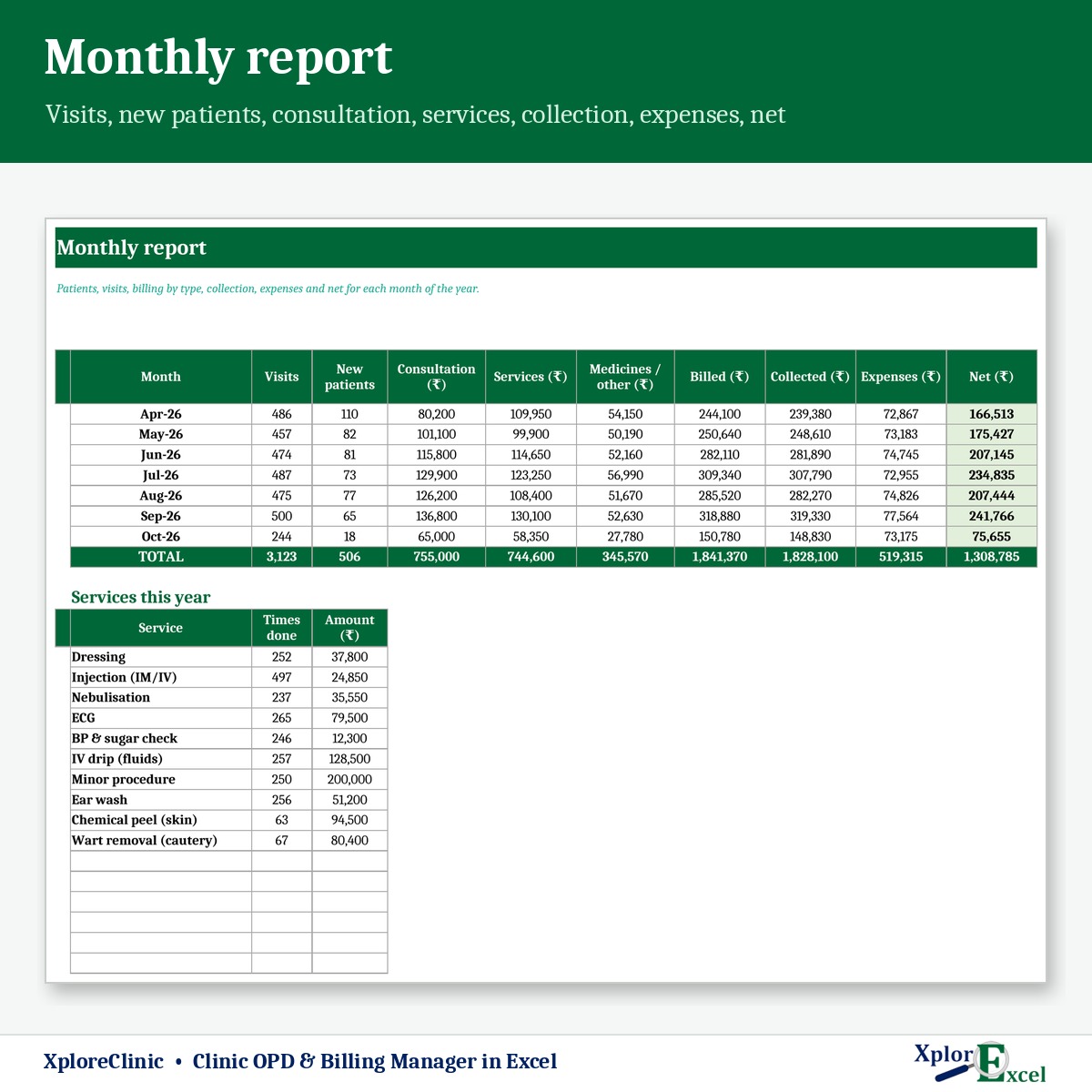 Clinic monthly income and expense report in Excel