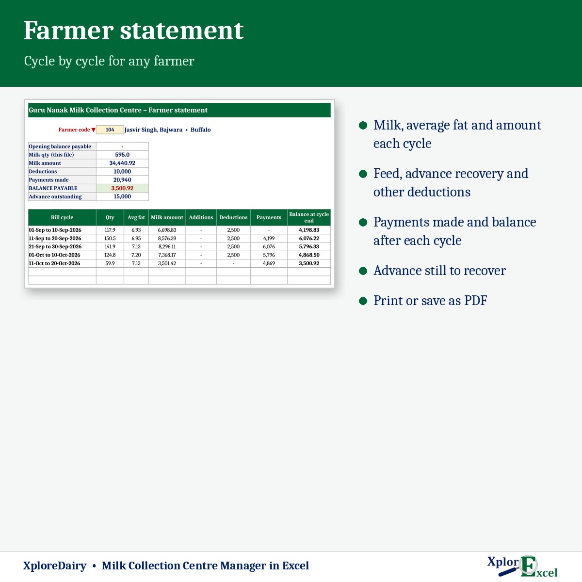 Farmer milk account statement in Excel