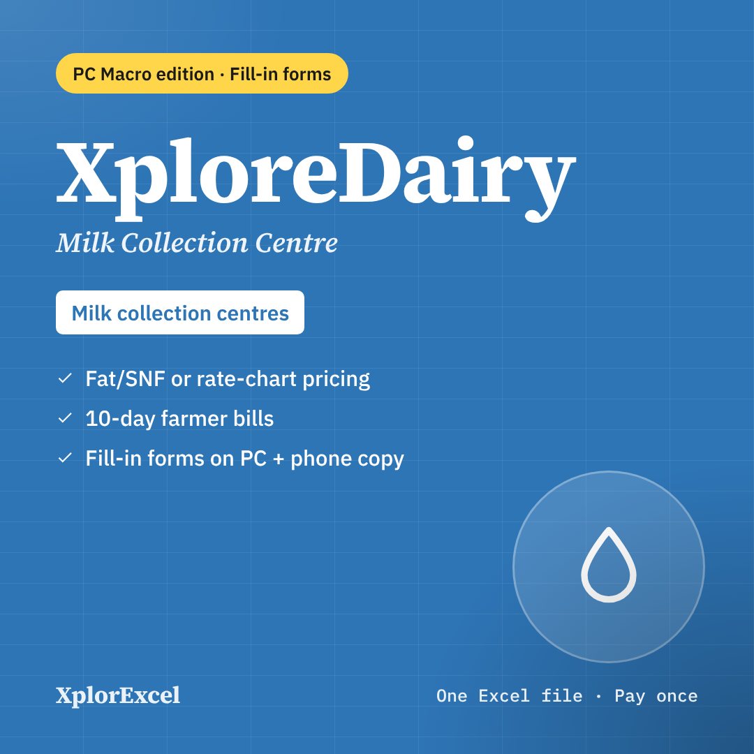 XploreDairy PC Macro Edition – Milk Collection Centre Software in Excel with Entry Forms