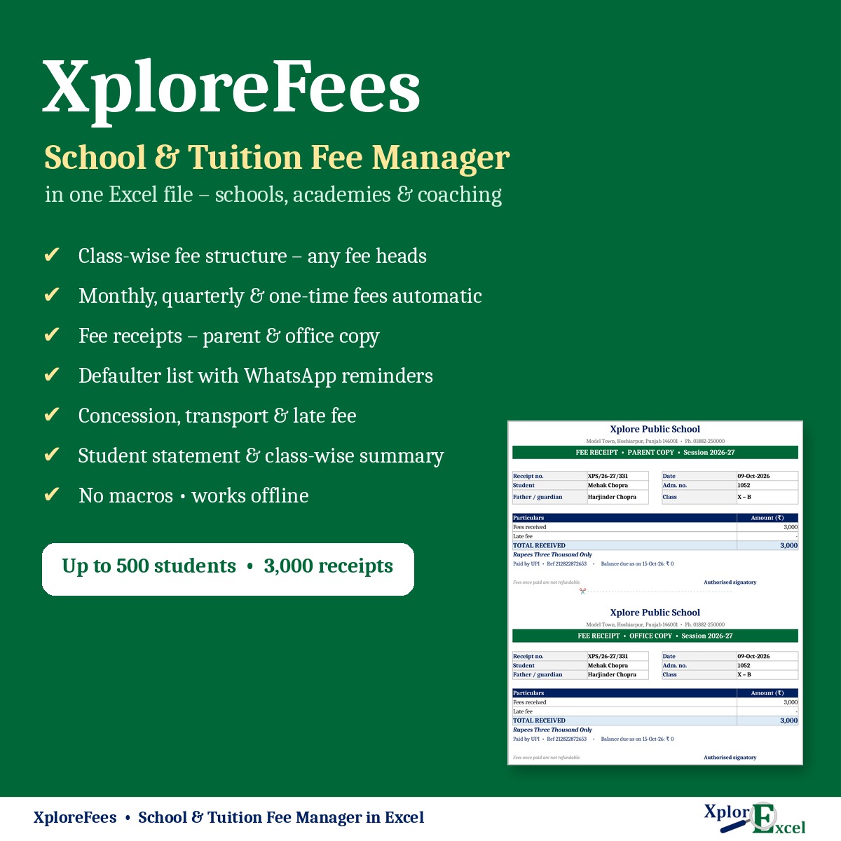 XploreFees school and tuition fee management software in Excel – features