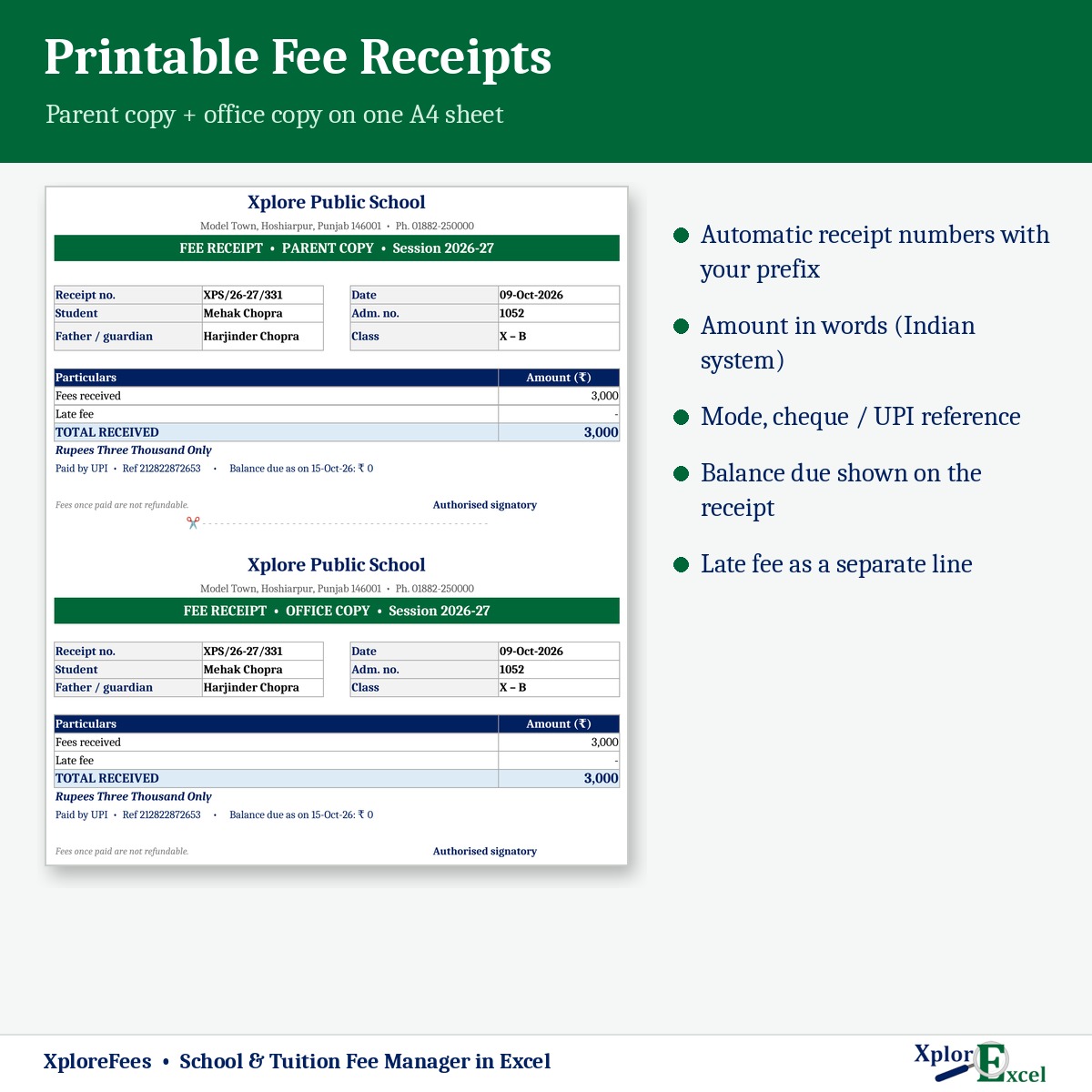 School fee receipt format in Excel with parent and office copy