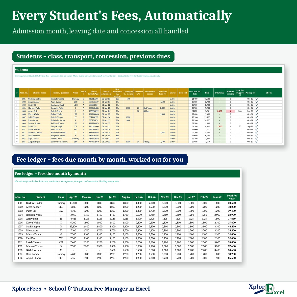 Student fee register and month-wise fee ledger in Excel