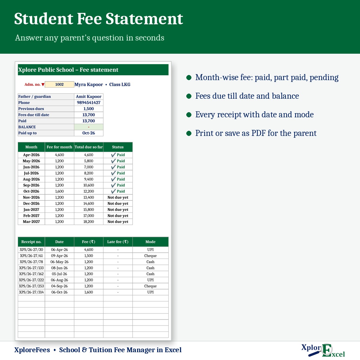 Student fee statement in Excel with month-wise paid and pending status