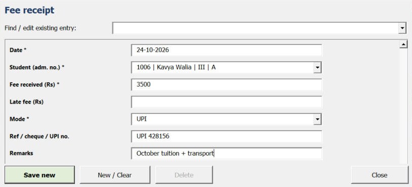 XploreFees collect fee form with student, amount, mode and UPI reference
