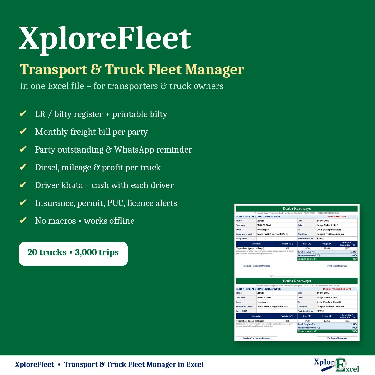 XploreFleet transport and truck fleet manager in Excel – features
