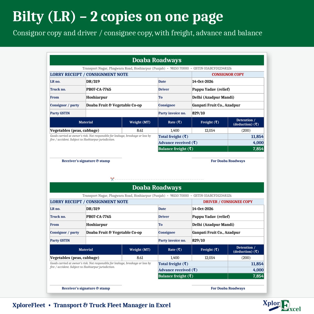 Bilty lorry receipt format in Excel with consignor and driver copy