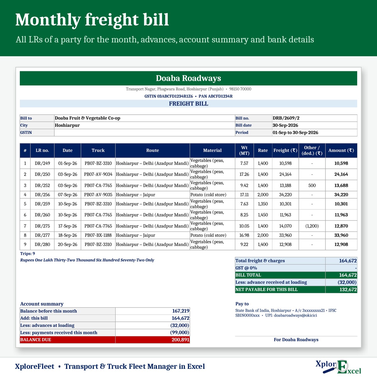 Monthly freight bill format in Excel for a transport company