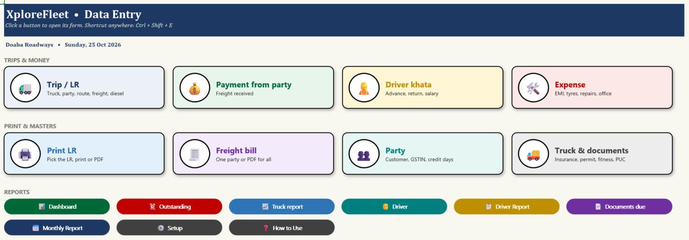 XploreFleet macro edition Data Entry page with trip, payment, driver khata, LR and freight bill buttons