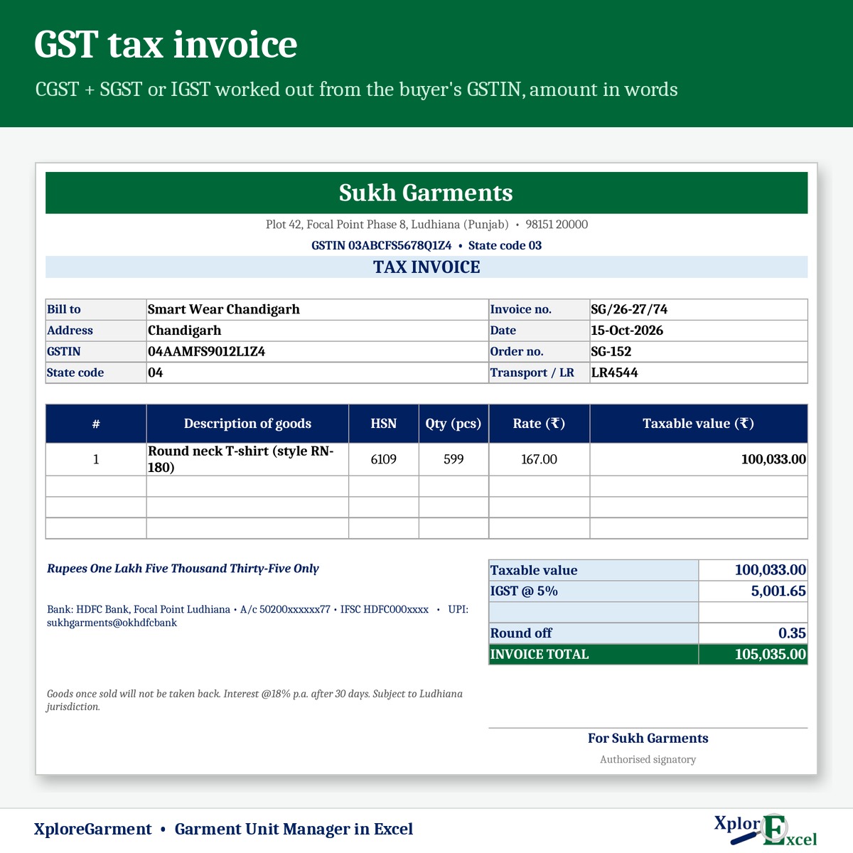 GST tax invoice for garments in Excel with CGST SGST or IGST