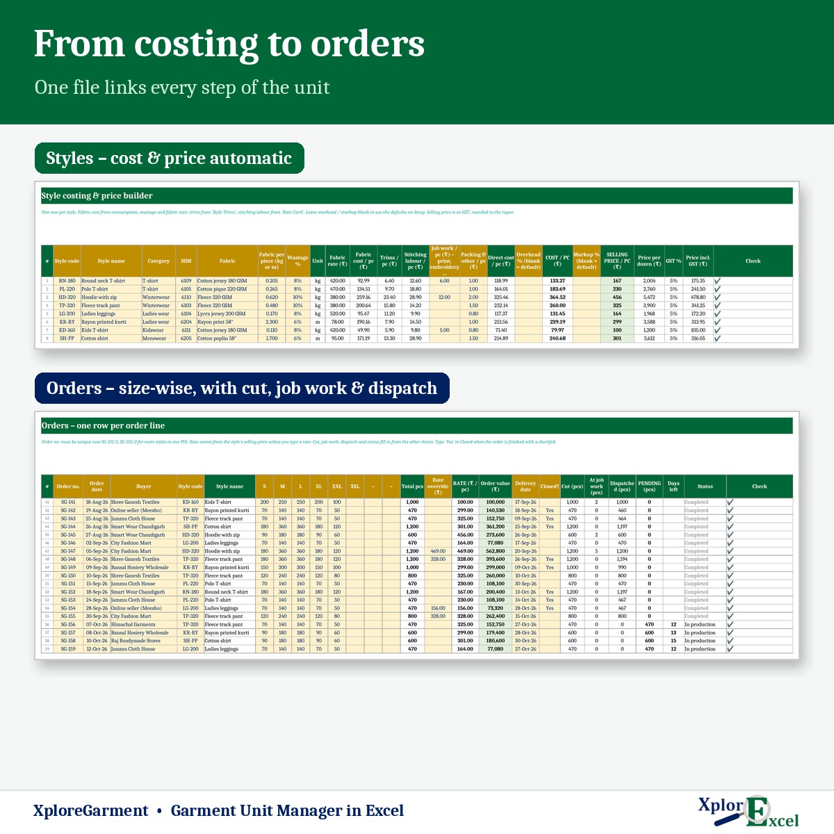 Garment style costing and size-wise order register in Excel