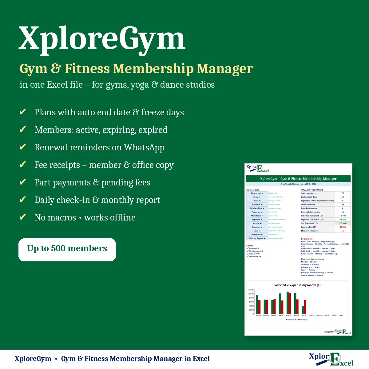 XploreGym gym management software in Excel – features