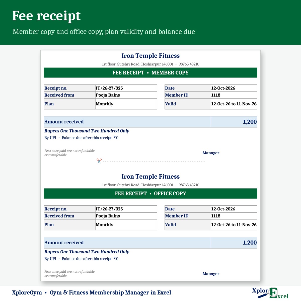 Gym fee receipt format in Excel with membership validity