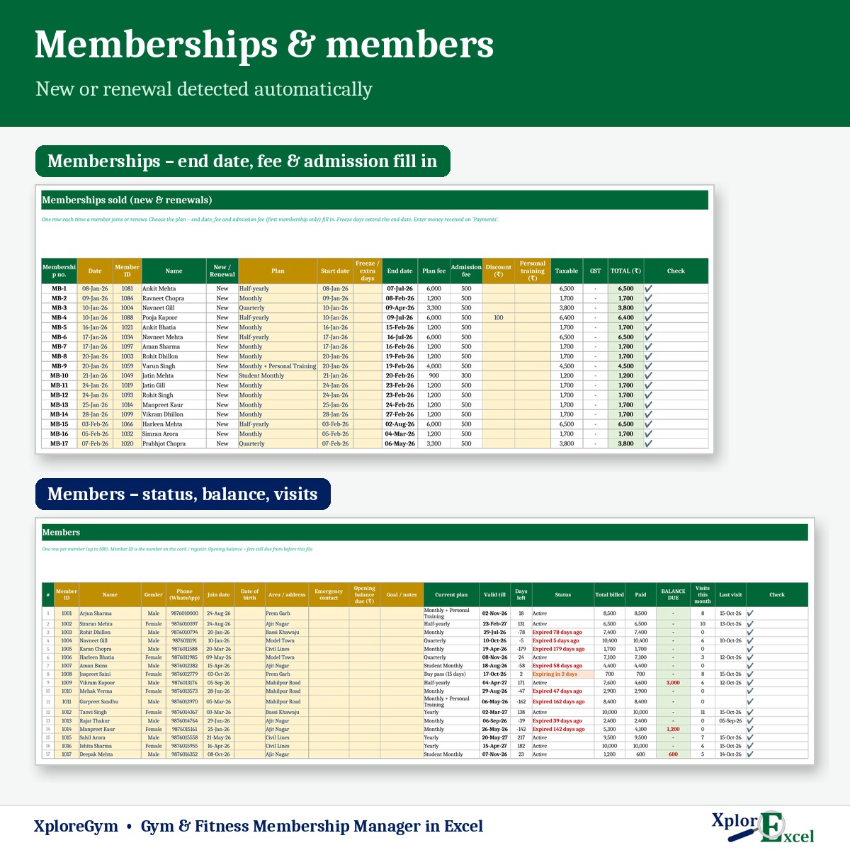 Gym member register and memberships in Excel with status
