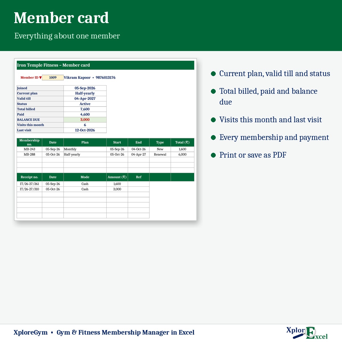 Gym member card with memberships and payments in Excel