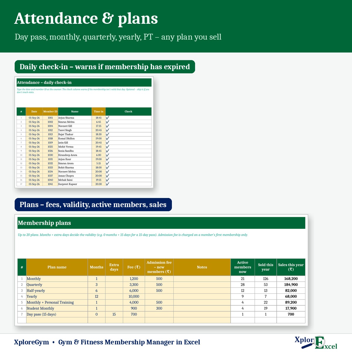 Gym attendance check-in and membership plans in Excel