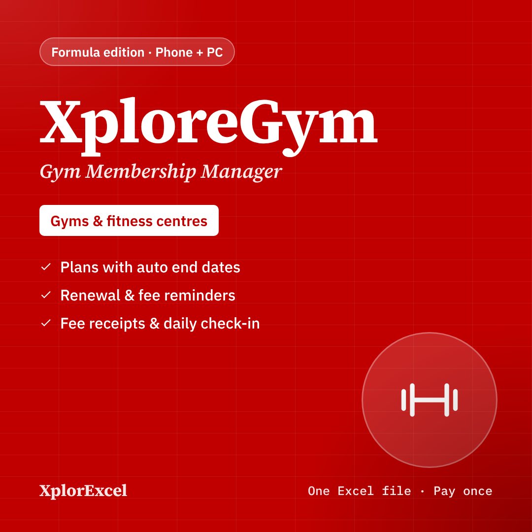 XploreGym – Gym Management Software in Excel (Members, Renewals, Fee Receipts, WhatsApp Reminders)
