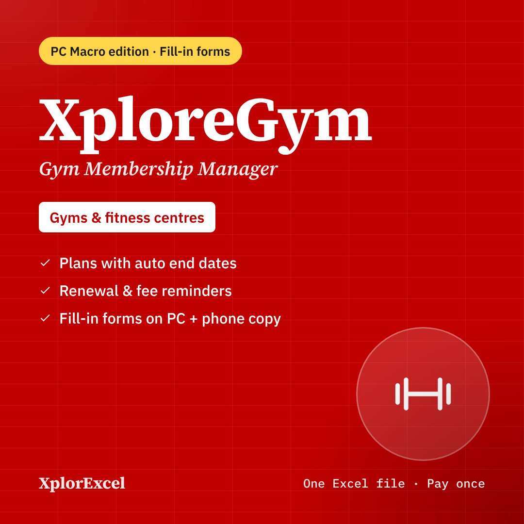 XploreGym PC Macro Edition – Gym Management Software in Excel with Entry Forms