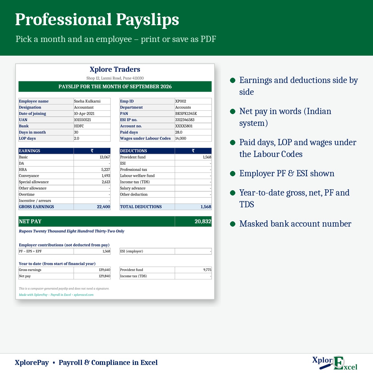 Salary slip format in Excel with net pay in words and year-to-date figures