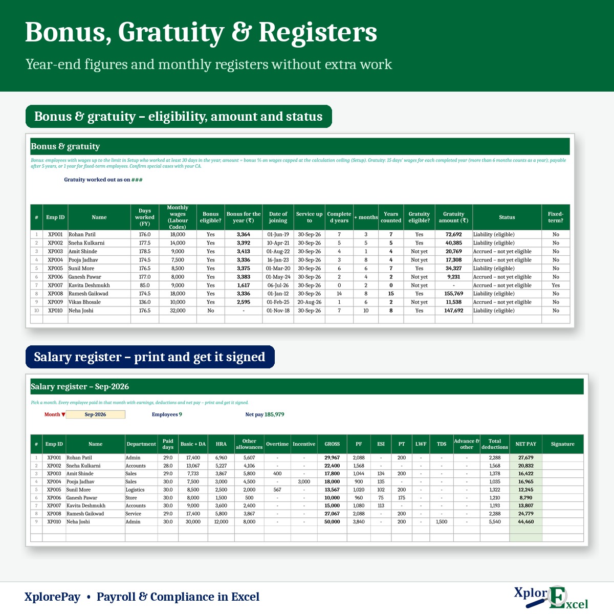 Bonus and gratuity calculation and salary register in Excel