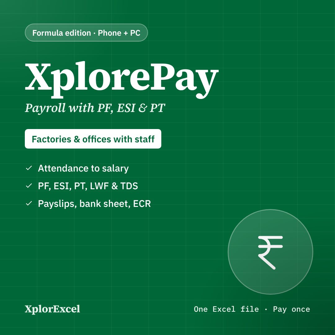 XplorePay – Payroll Software in Excel with PF, ESI, PT & Payslips (Labour Codes 2025 Ready)