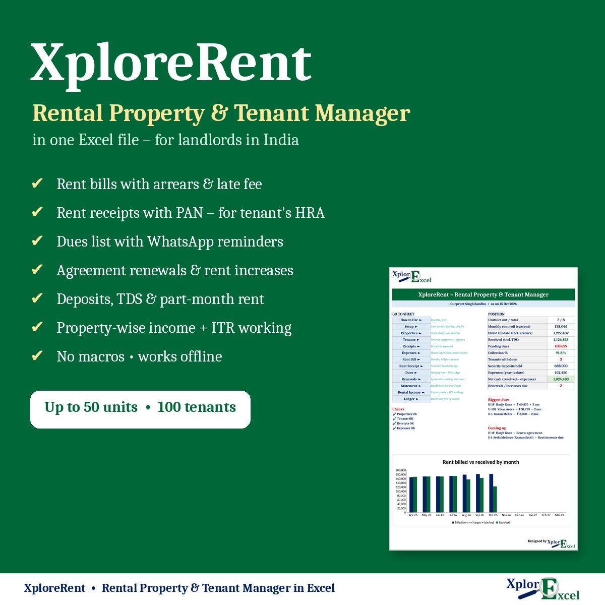 XploreRent rent management software in Excel – features