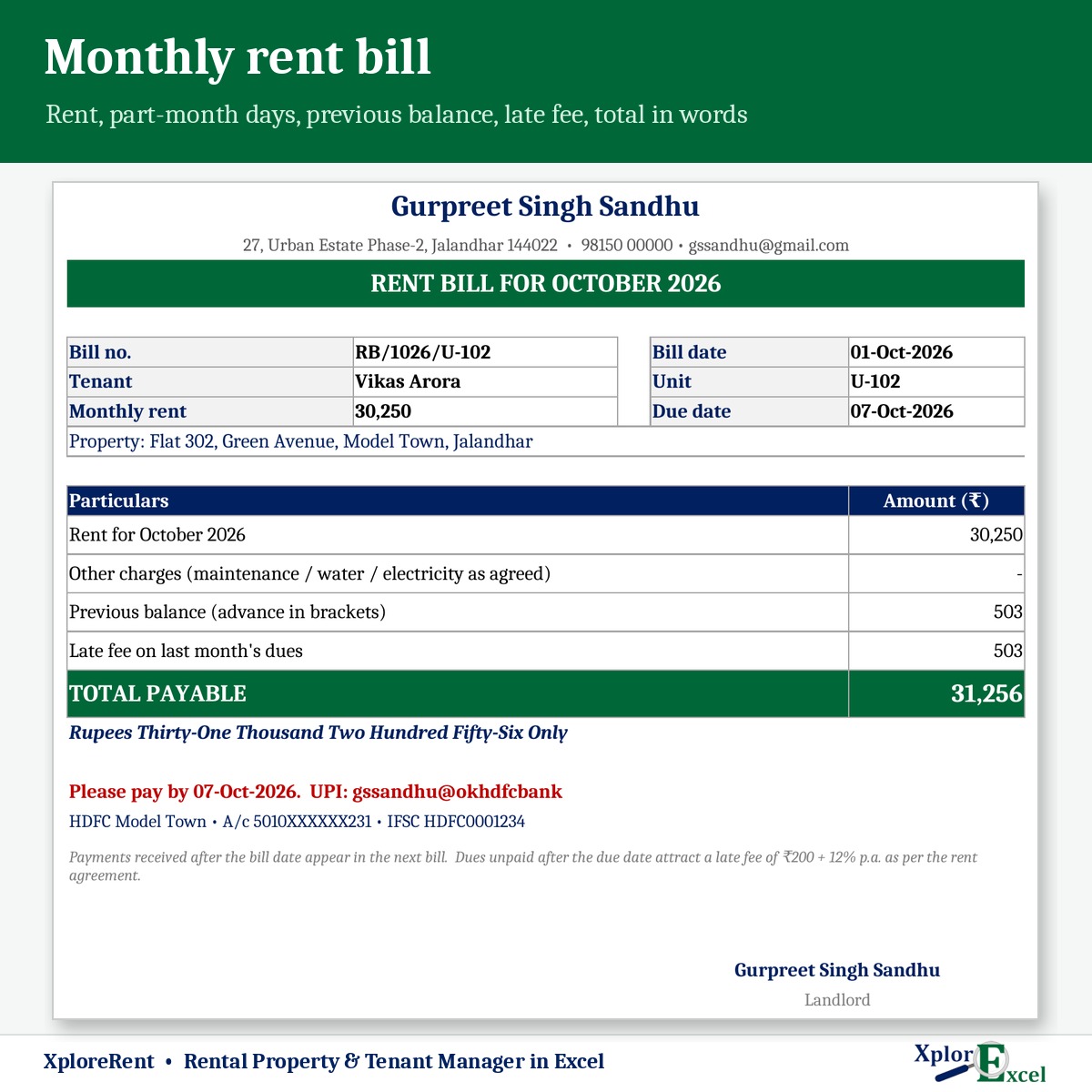 Monthly rent bill format in Excel with late fee and previous balance