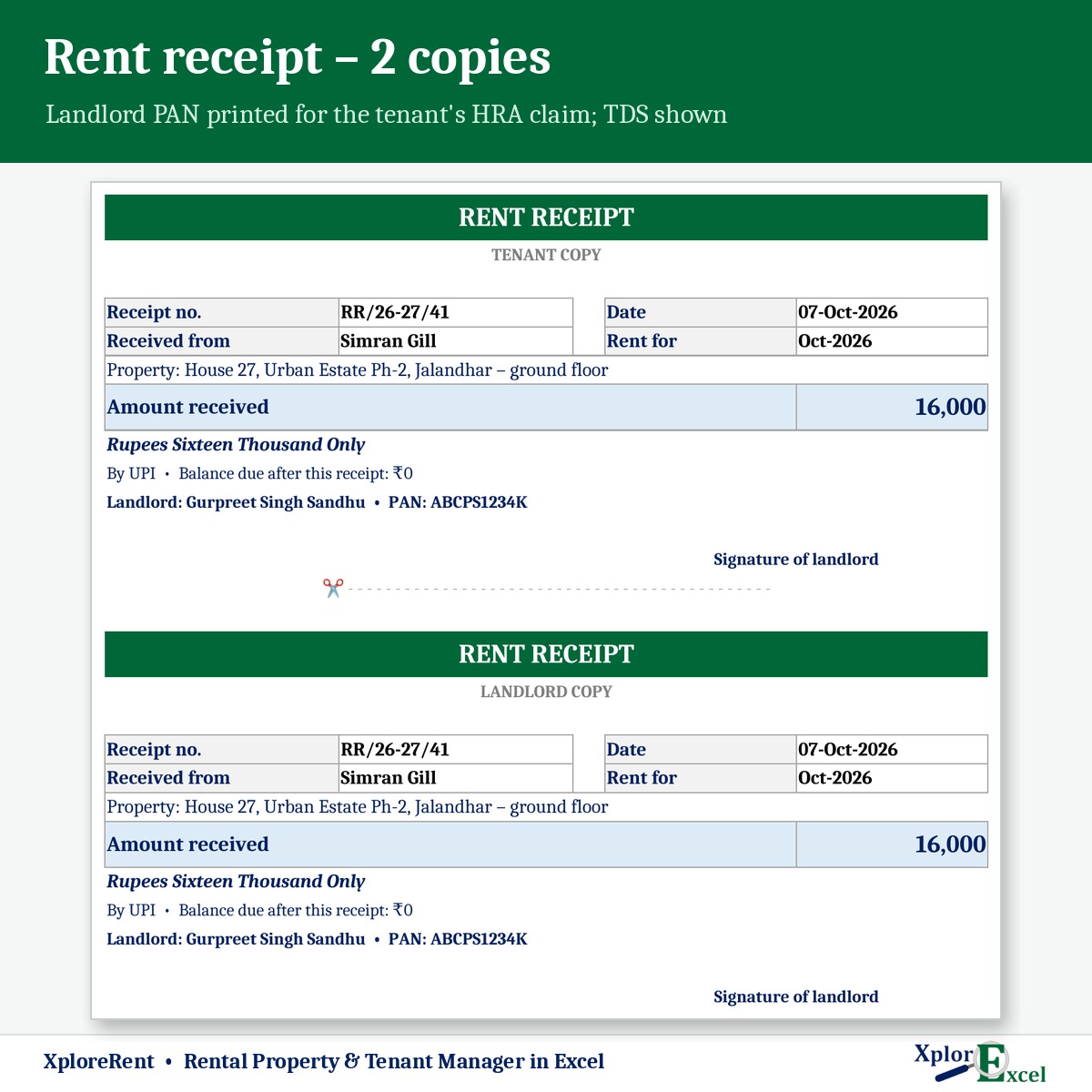 Rent receipt format in Excel with landlord PAN for HRA