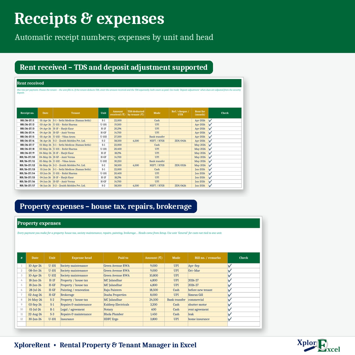 Rent received register with TDS and property expenses in Excel