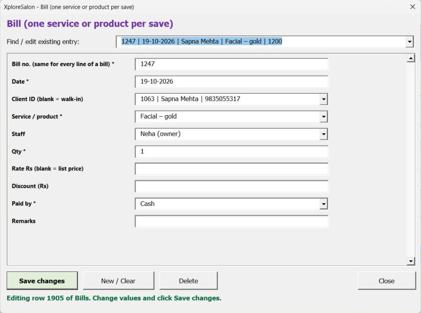 XploreSalon bill form with client, service, staff, quantity, discount and payment mode