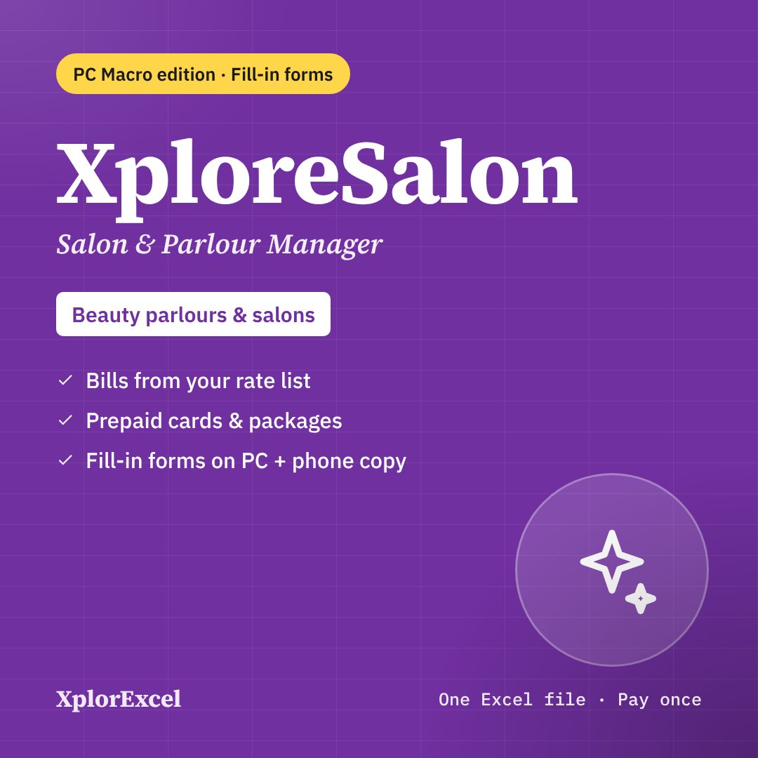 XploreSalon PC Macro Edition – Beauty Parlour & Salon Manager in Excel with Entry Forms
