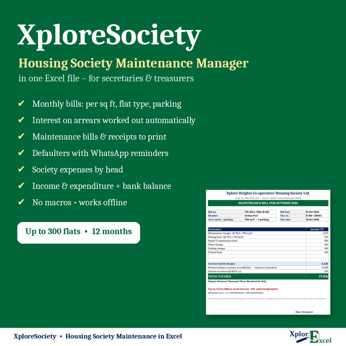 XploreSociety housing society maintenance software in Excel – features
