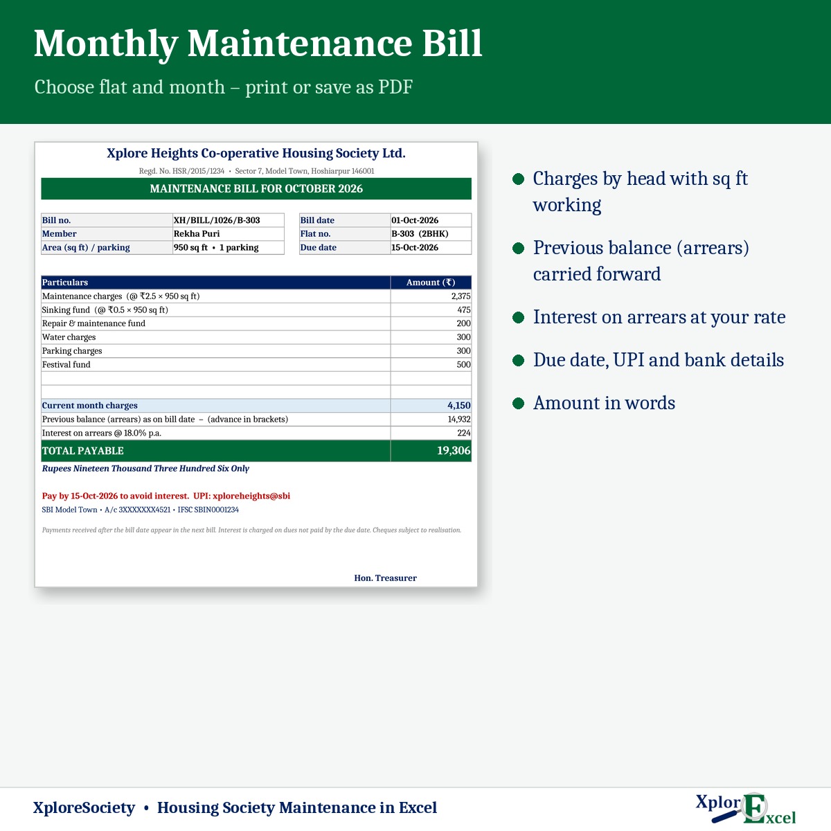 Society maintenance bill format in Excel with arrears and interest