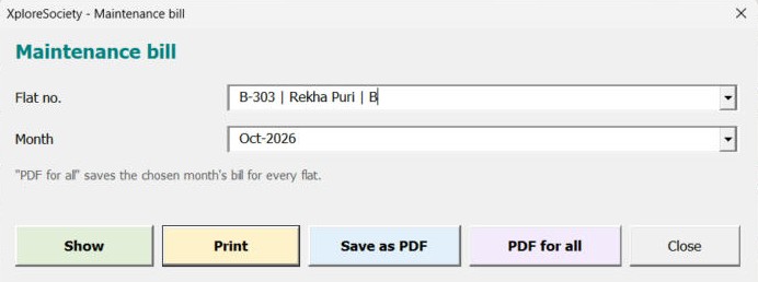 XploreSociety maintenance bill form with Print, Save as PDF and PDF for all buttons