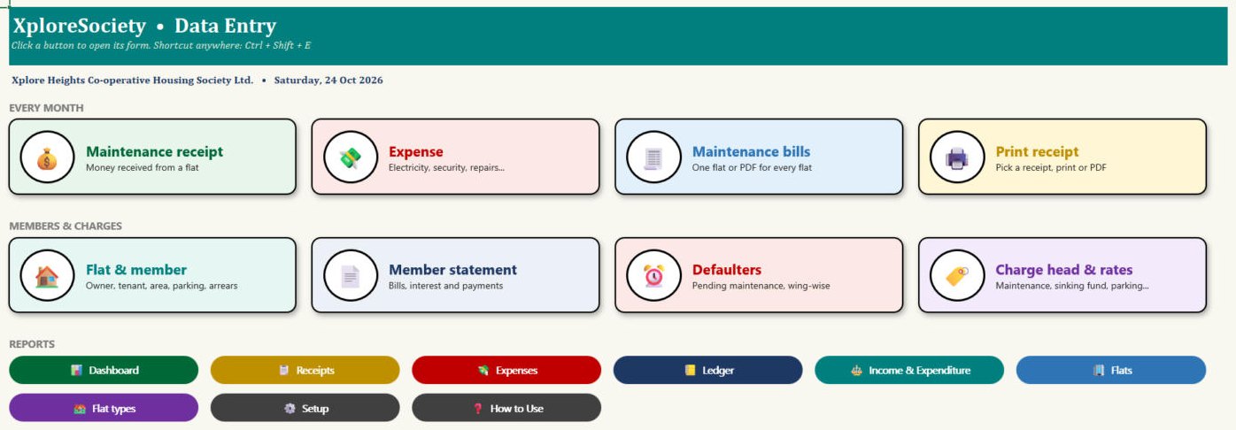 XploreSociety macro edition Data Entry page with buttons for maintenance receipt, expense, bills and defaulters