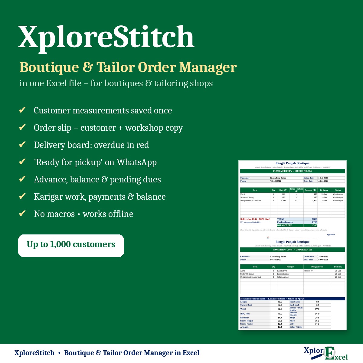 XploreStitch boutique and tailor order management in Excel – features
