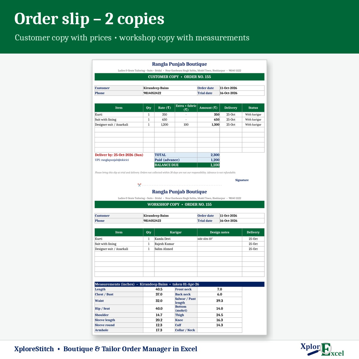 Tailor order slip with customer copy and workshop copy with measurements