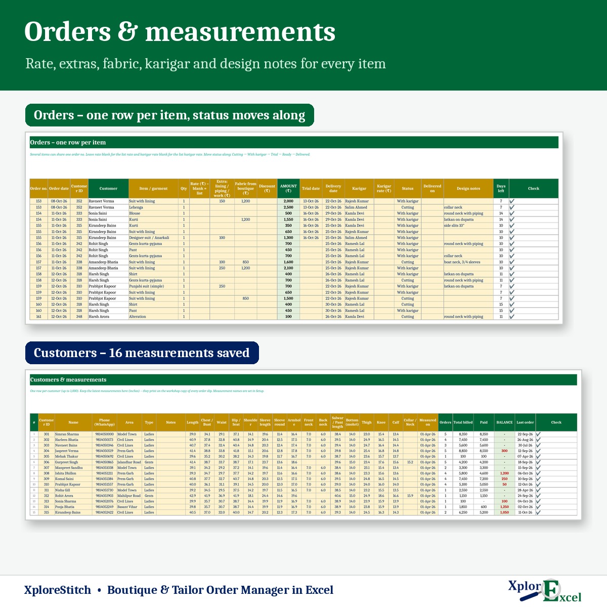 Tailoring orders register and customer measurements in Excel