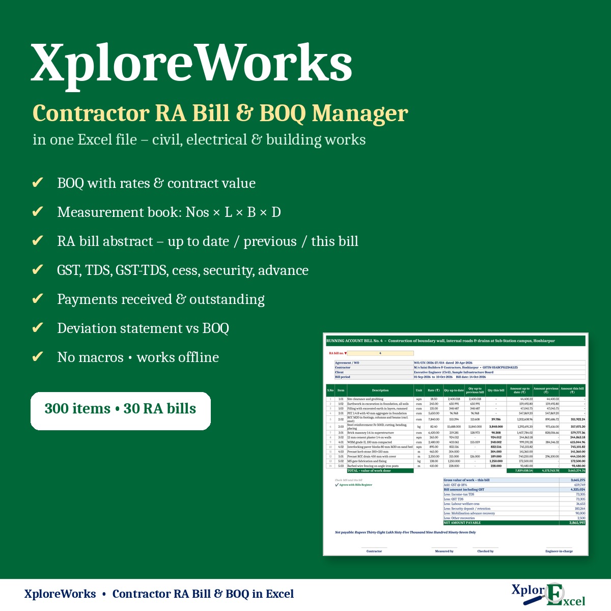XploreWorks contractor RA bill and BOQ software in Excel – features