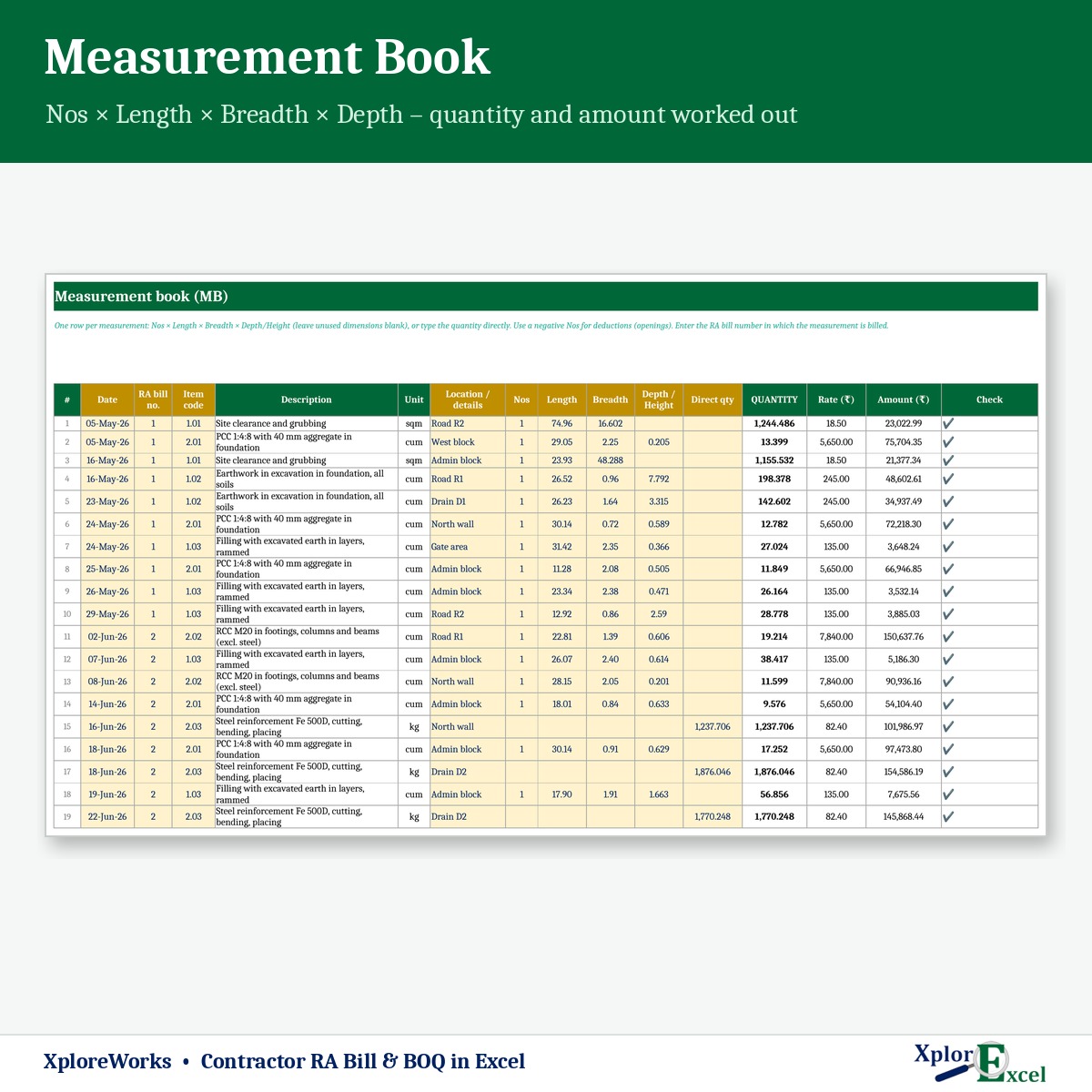 Measurement book format in Excel with length breadth depth