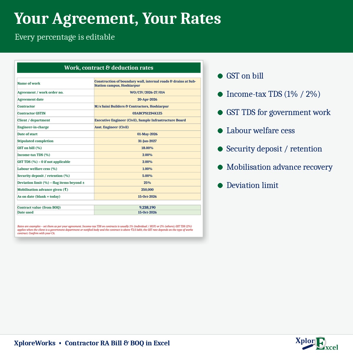 Contractor bill deduction rates setup in Excel