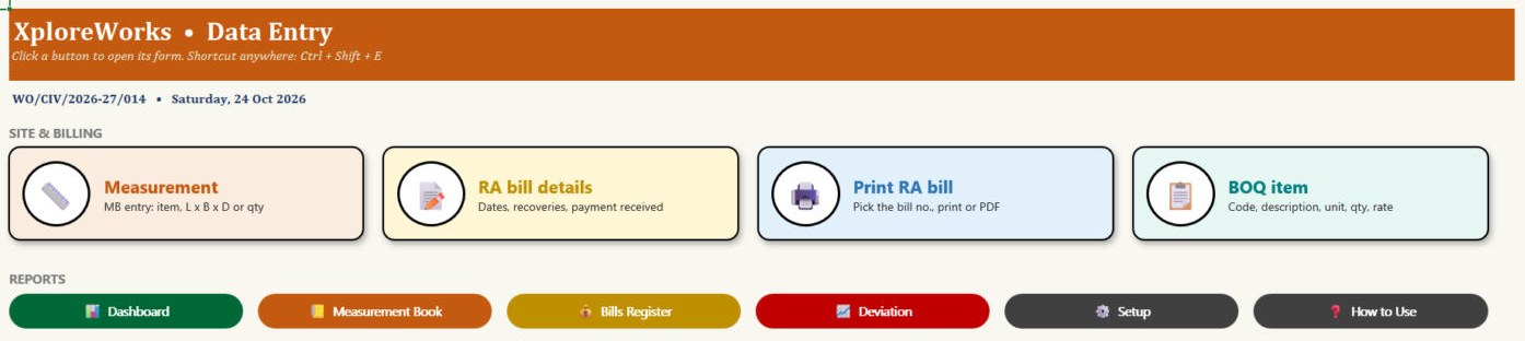 XploreWorks macro edition Data Entry page with Measurement, RA bill details, Print RA bill and BOQ item buttons