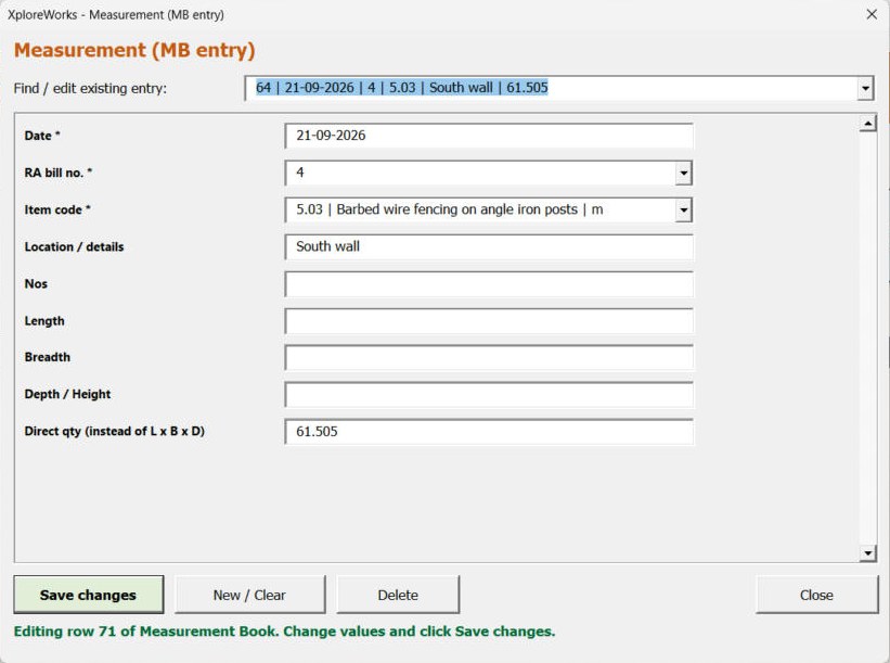 XploreWorks measurement book entry form with item code list and L x B x D fields
