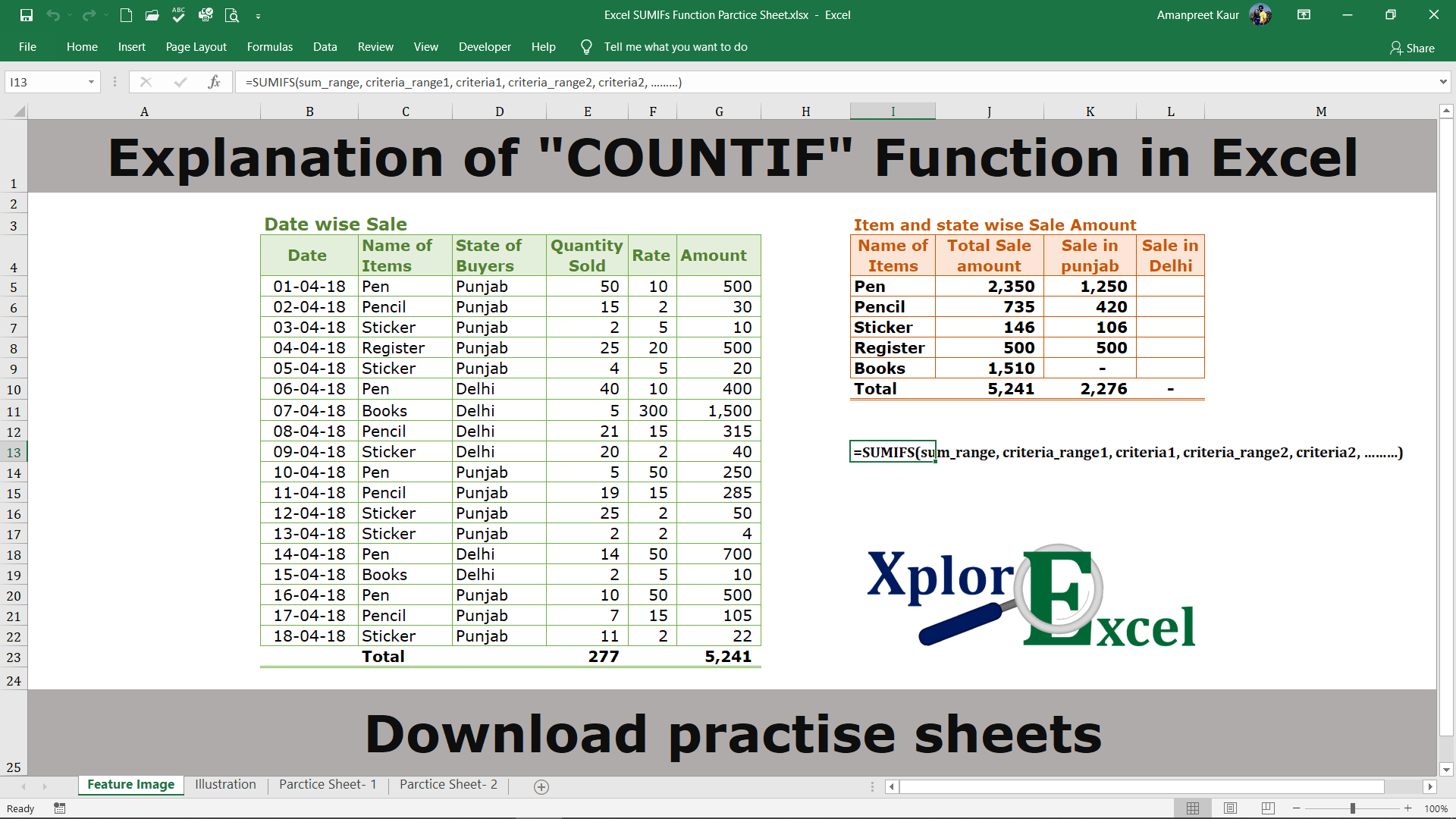 Excel SUMIFS Function - Download 28 practice Sheet for free
