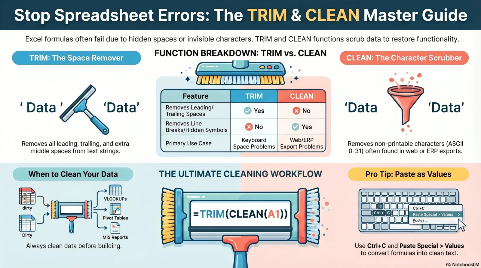 TRIM and CLEAN Functions in Excel – Fix Messy Data Easily