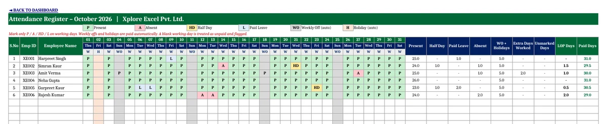 Attendance and Salary Sheet with Salary Slip 1.0 – Free Excel Template Monthly attendance sheet in Excel with P, A, HD, L codes, weekly offs, holiday and paid days calculation